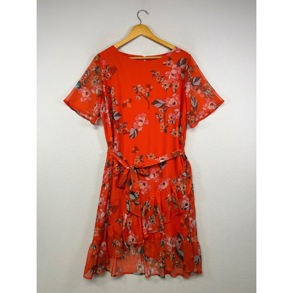 Cottagecore A New Day Womens Size M Orange Floral Ruffle‎ Tie Waist Mini Dress
